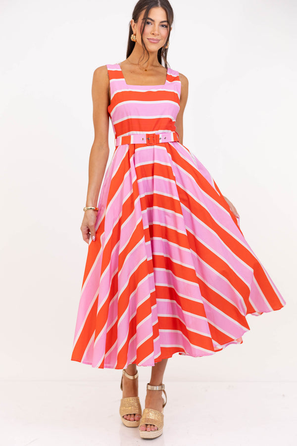 Bright From Within Orange Striped Midi Dress