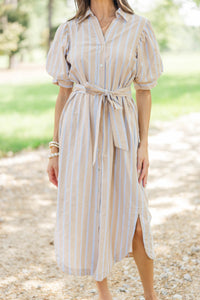 She's In Charge Taupe Striped Midi Dress