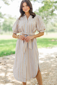 She's In Charge Taupe Striped Midi Dress
