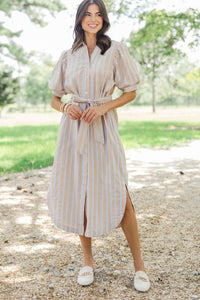 She's In Charge Taupe Striped Midi Dress