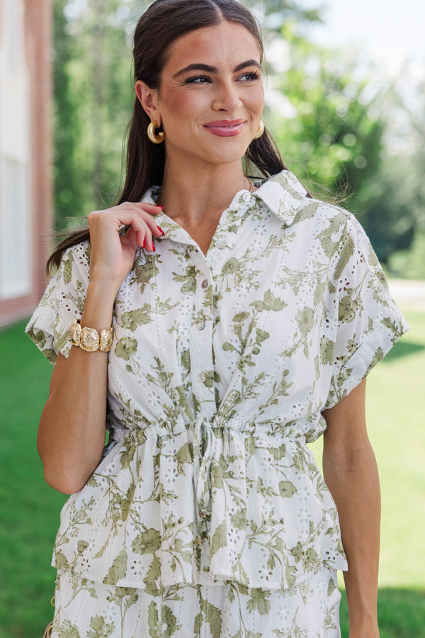 Quite The Look Olive Toile Blouse