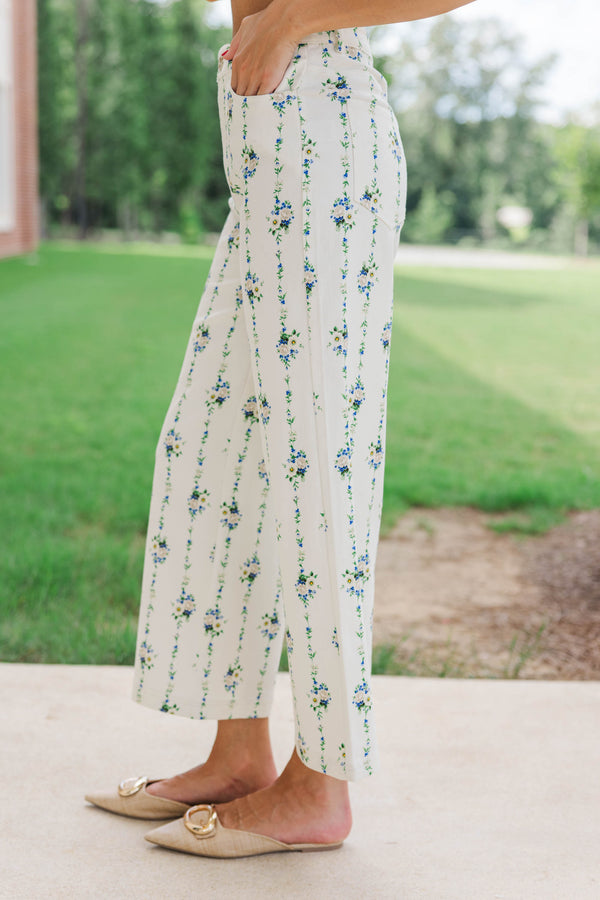 Quietly Pretty Cream Ditsy Floral Wide Leg Jeans