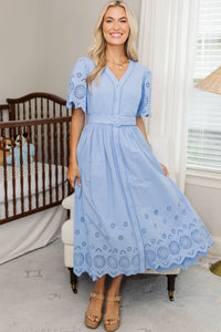NURSING COLLECTION: Just Around The Corner Blue Eyelet Belted Midi Dress
