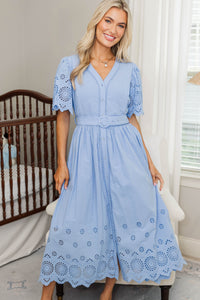 NURSING COLLECTION: Just Around The Corner Blue Eyelet Belted Midi Dress