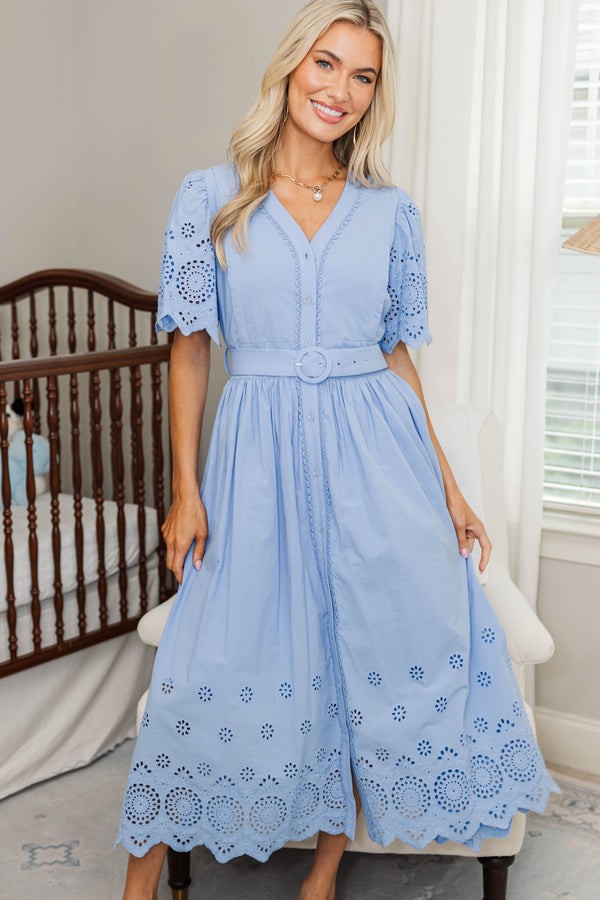 NURSING COLLECTION: Just Around The Corner Blue Eyelet Belted Midi Dress