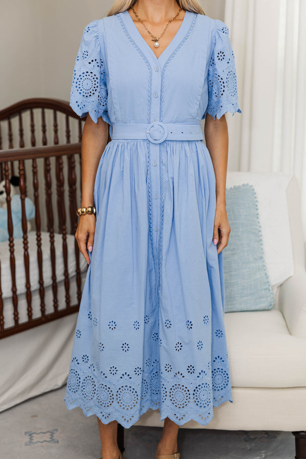 NURSING COLLECTION: Just Around The Corner Blue Eyelet Belted Midi Dress