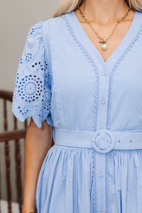 NURSING COLLECTION: Just Around The Corner Blue Eyelet Belted Midi Dress