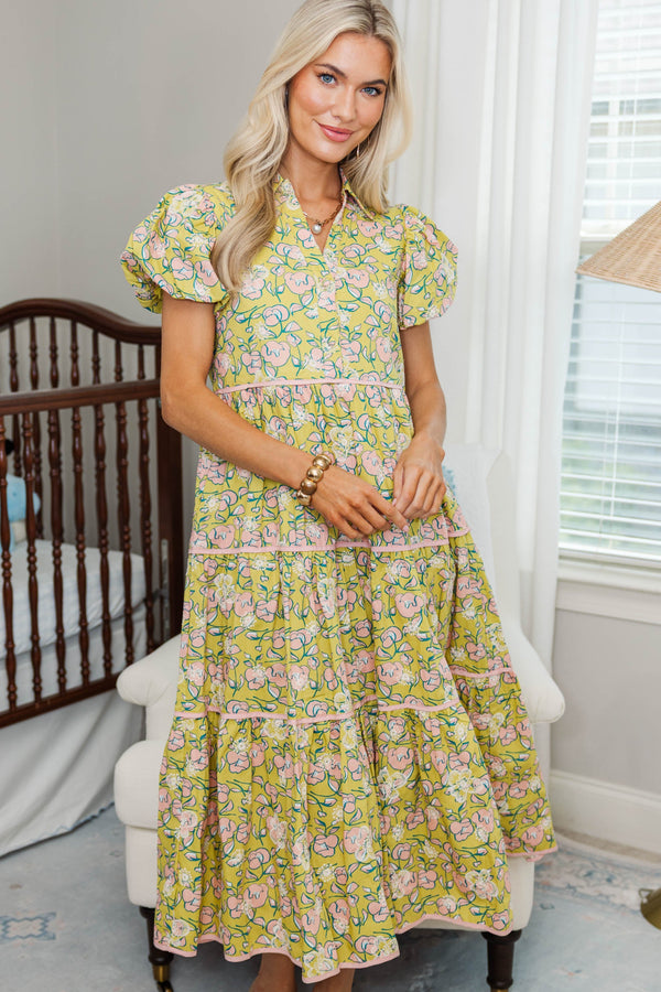 NURSING COLLECTION: Perfect For You Chartreuse Embroidered Midi Dress