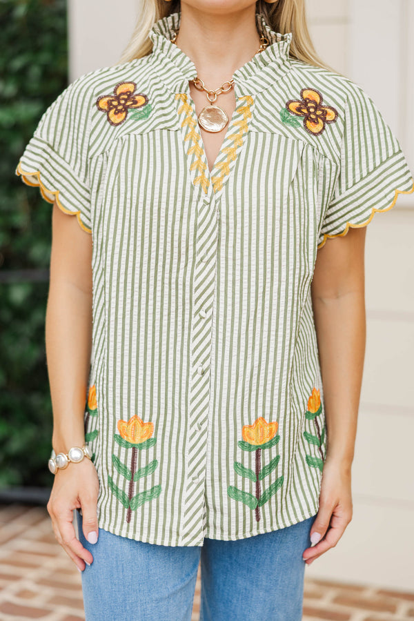 Porch Sipping Olive Embroidered Blouse