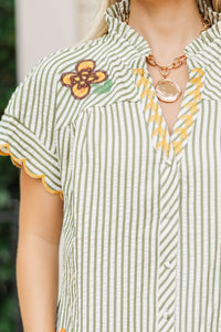 Porch Sipping Olive Embroidered Blouse