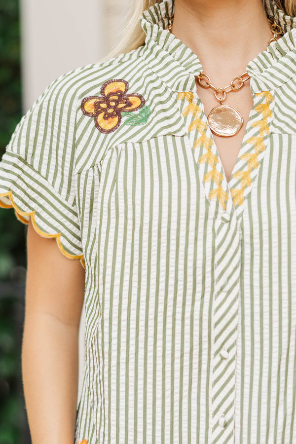 Porch Sipping Olive Embroidered Blouse
