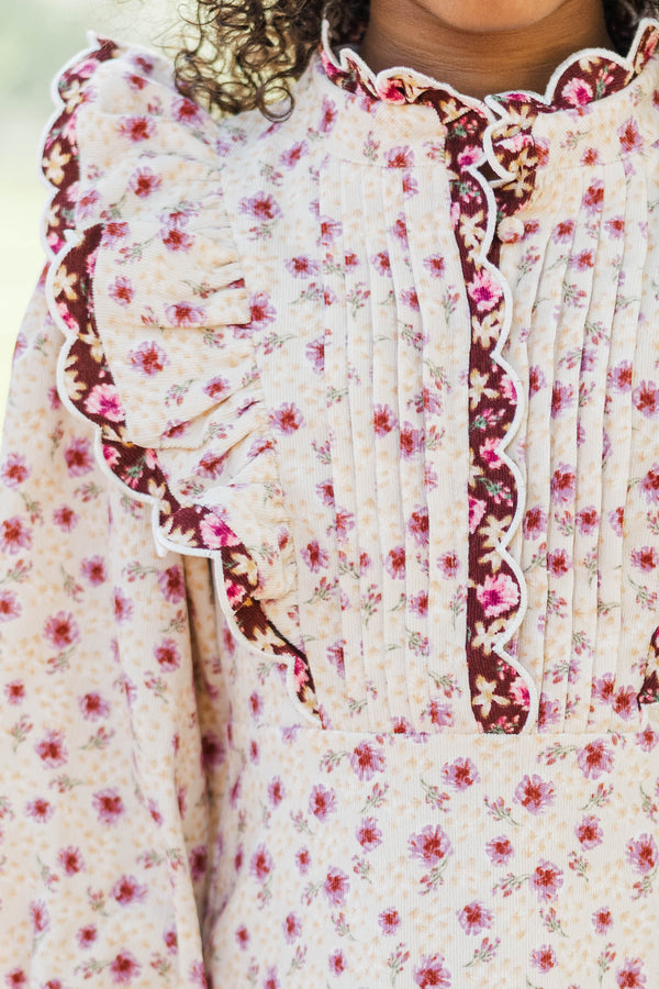 Girls: Be My Muse Cream Ditsy Floral Corduroy Dress