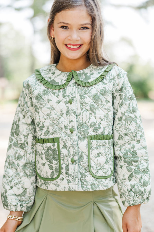 Girls: Complete The Look Quilted Olive Toile Jacket