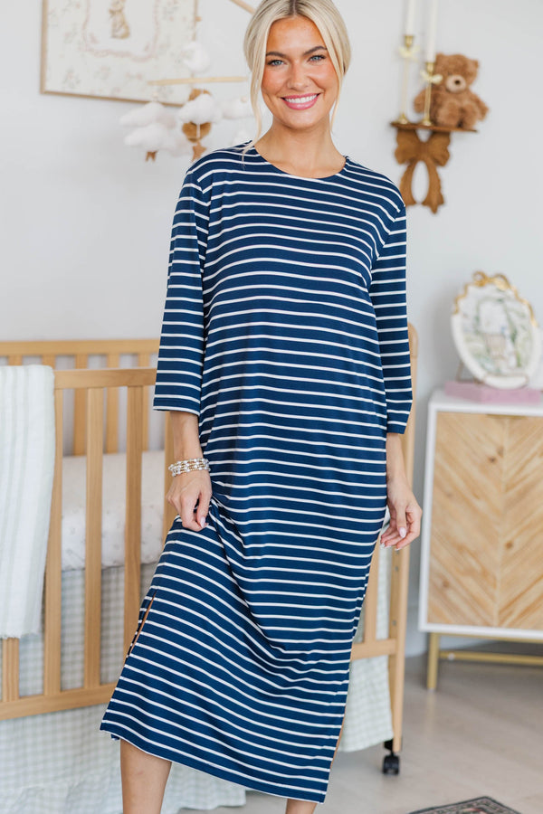 NURSING COLLECTION: Cozy State Navy Striped Midi Dress