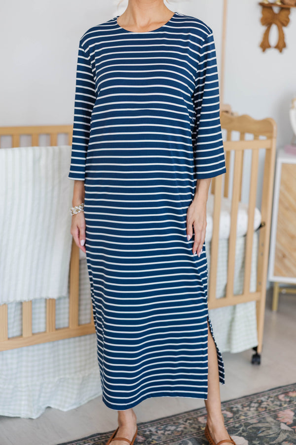 NURSING COLLECTION: Cozy State Navy Striped Midi Dress