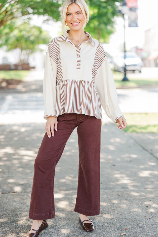 Cozy Collective Brown Striped Blouse