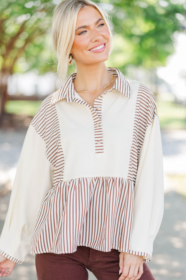 Cozy Collective Brown Striped Blouse