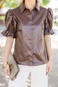 Laugh a Little Brown Scalloped Leather Blouse