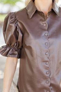 Laugh a Little Brown Scalloped Leather Blouse