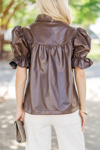 Laugh a Little Brown Scalloped Leather Blouse