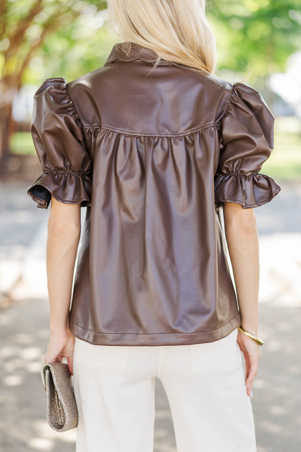Laugh a Little Brown Scalloped Leather Blouse