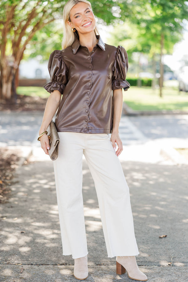 Laugh a Little Brown Scalloped Leather Blouse