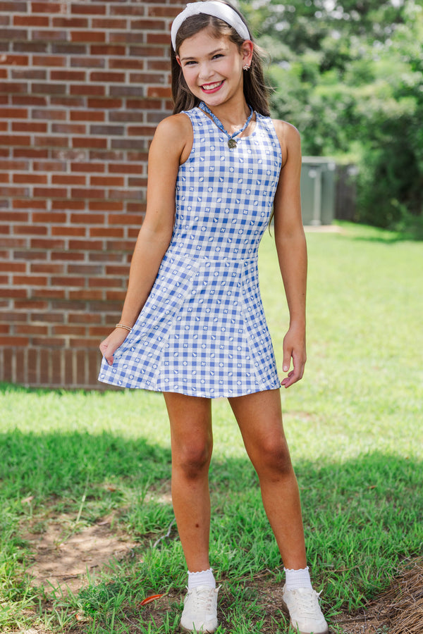 Girls: Cheer Louder Royal Blue Checkered Athletic Dress