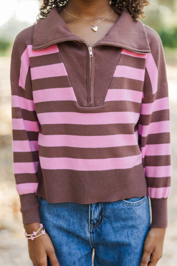 Girls: The Aria Pink & Brown Striped Pullover