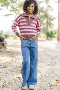 Girls: The Aria Pink & Brown Striped Pullover