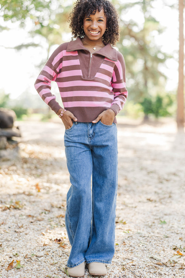 Girls: The Aria Pink & Brown Striped Pullover