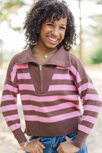 Girls: The Aria Pink & Brown Striped Pullover
