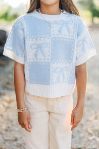 Girls: Beautifully Knit Light Blue Bow Detail Sweater