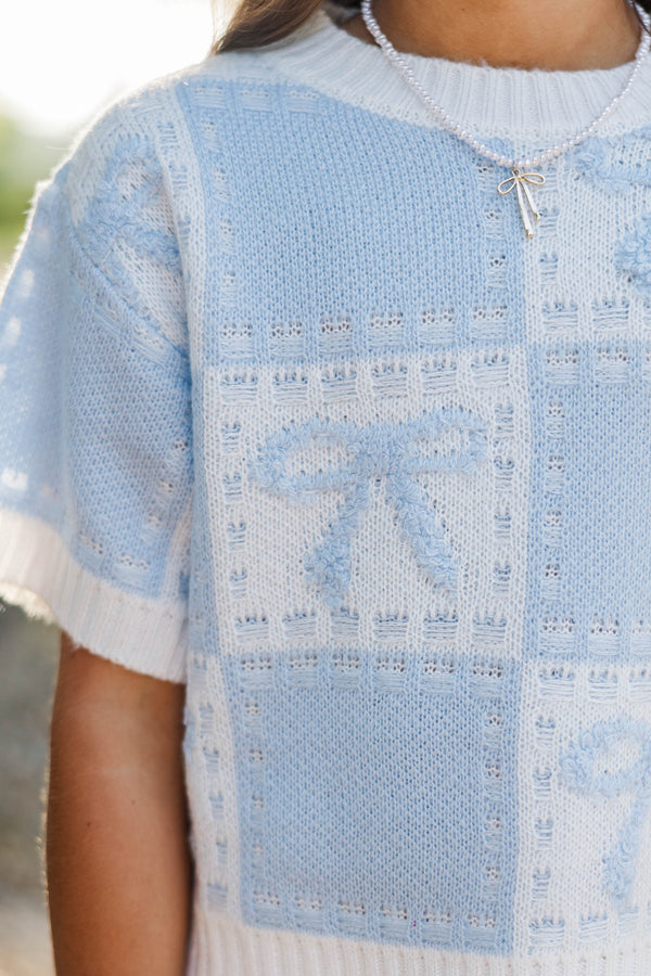 Girls: Beautifully Knit Light Blue Bow Detail Sweater