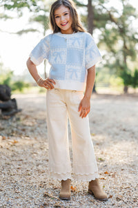 Girls: Beautifully Knit Light Blue Bow Detail Sweater