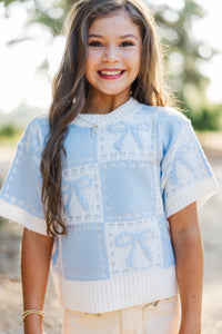 Girls: Beautifully Knit Light Blue Bow Detail Sweater