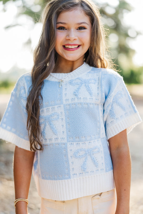 Girls: Beautifully Knit Light Blue Bow Detail Sweater