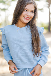 Girls: Out For A Walk Blue Textured Ruffle Top
