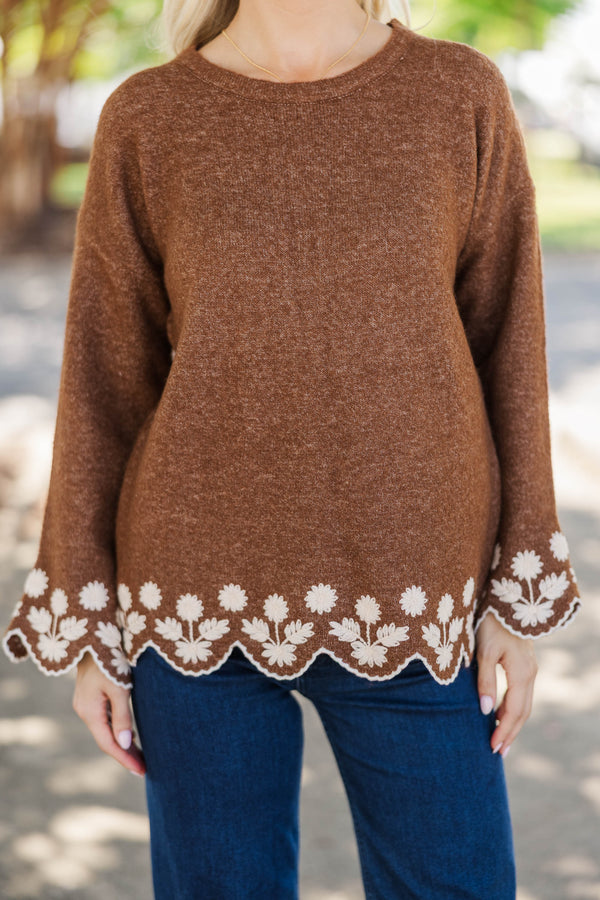 Love What Lasts Brown Embroidered Sweater