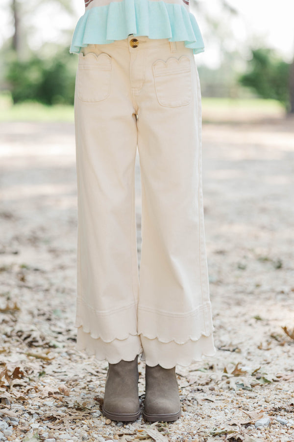 Girls: Better By Far Cream Wide Leg Jeans