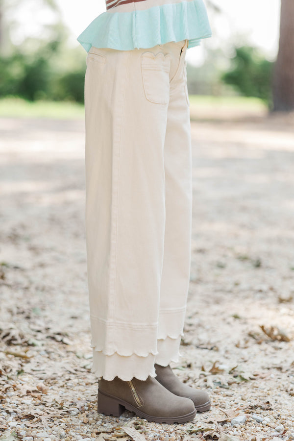 Girls: Better By Far Cream Wide Leg Jeans
