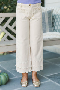 Girls: Better By Far Cream Wide Leg Jeans