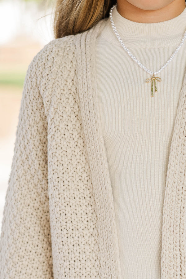 Girls: Face The Day Taupe Brown Cropped Cardigan