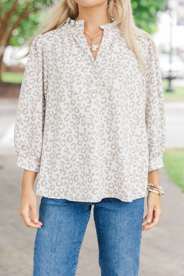 Perfectly You Taupe Leopard Textured Blouse