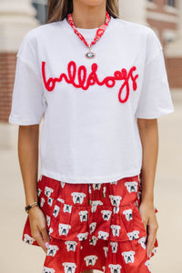 Here To Win White & Red Bulldogs Script Tee