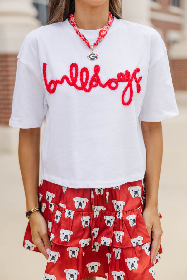 Here To Win White & Red Bulldogs Script Tee