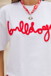 Here To Win White & Red Bulldogs Script Tee