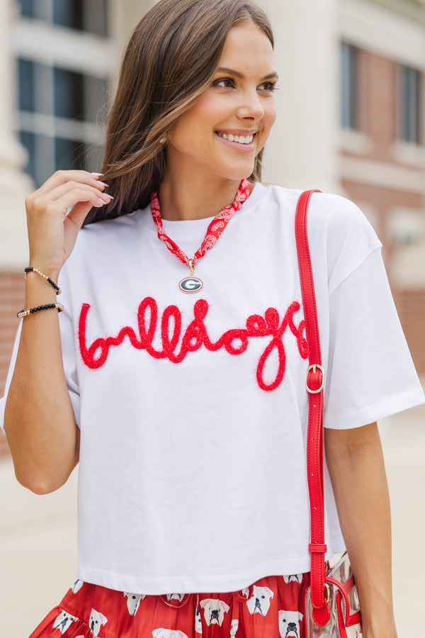 Here To Win White & Red Bulldogs Script Tee