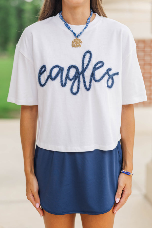 Here To Win White & Blue Eagles Script Tee