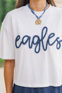 Here To Win White & Blue Eagles Script Tee