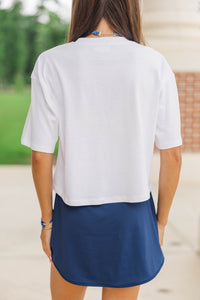 Here To Win White & Blue Eagles Script Tee